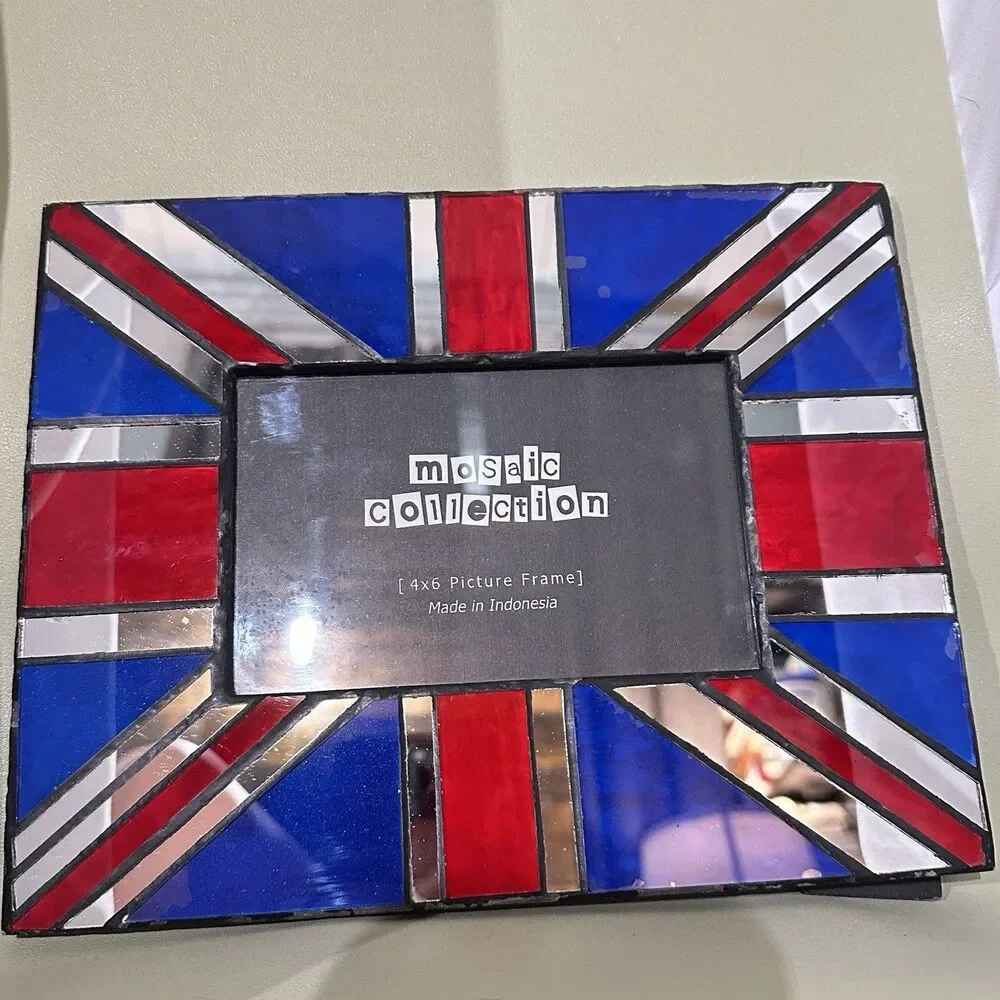 Union Jack Mosaic Glass 4x6 Picture Frame Mirror Red White Blue British Flag Art